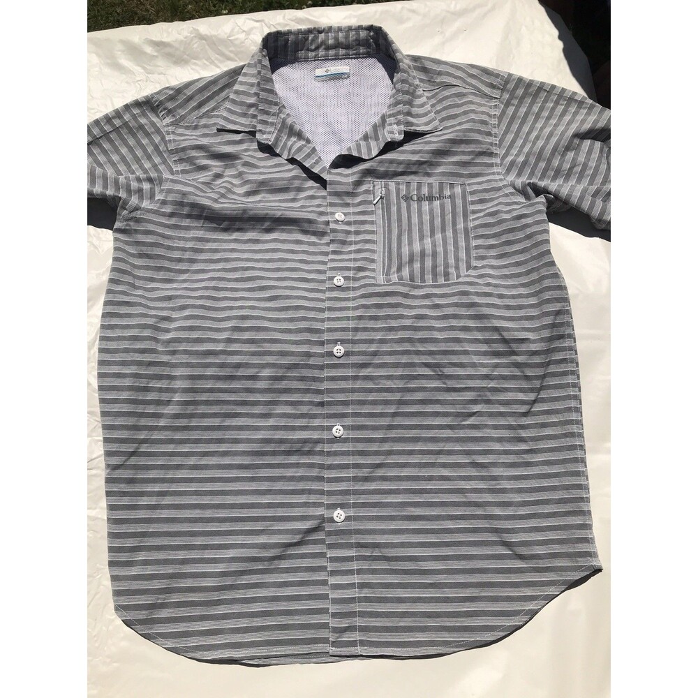 COLUMBIA Mens Medium Shirt Gray Striped Zippered Pocket Vented Back